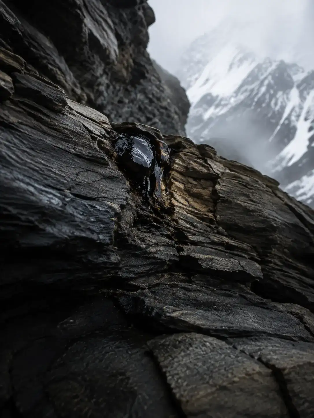 A dark mineral seam running through a steep Himalayan rock face.