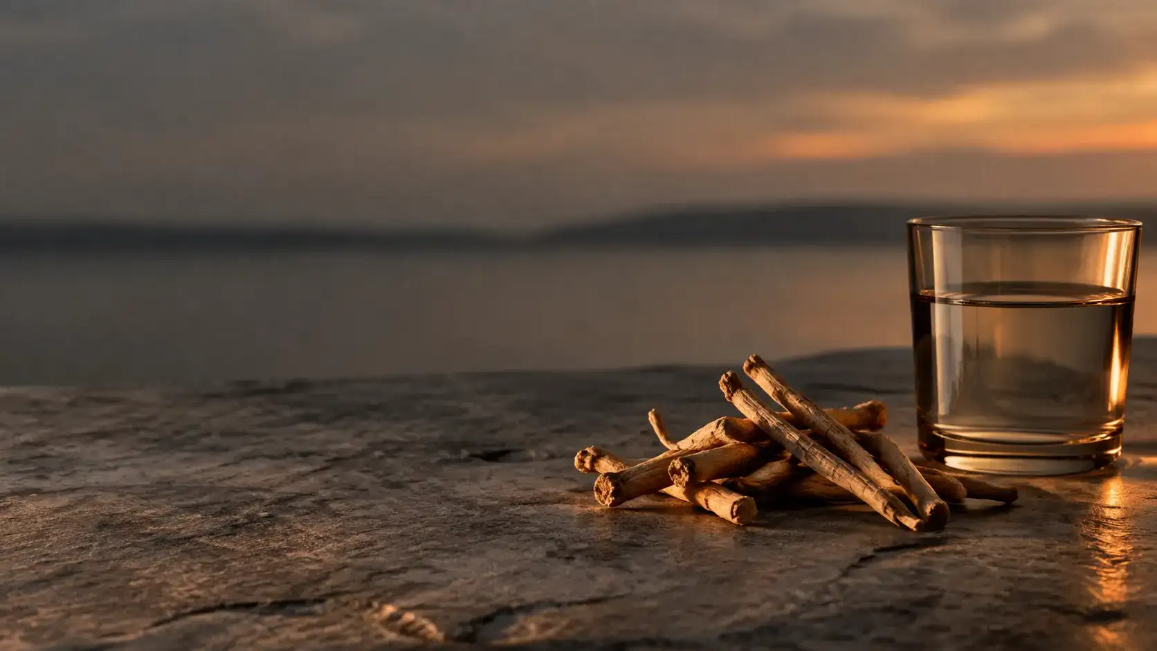 Dried ashwagandha root on cool grey stone beside a plain glass of water in low horizontal evening light.