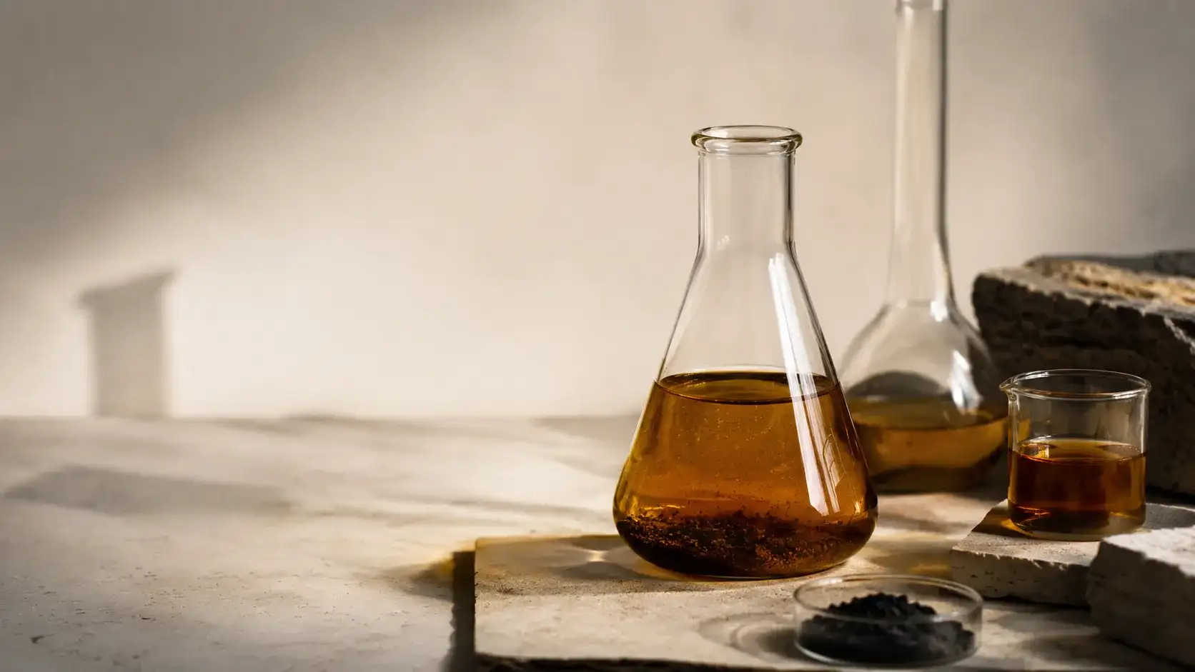 Amber liquid and fine dark sediment settling in laboratory glassware on a pale bench in daylight.