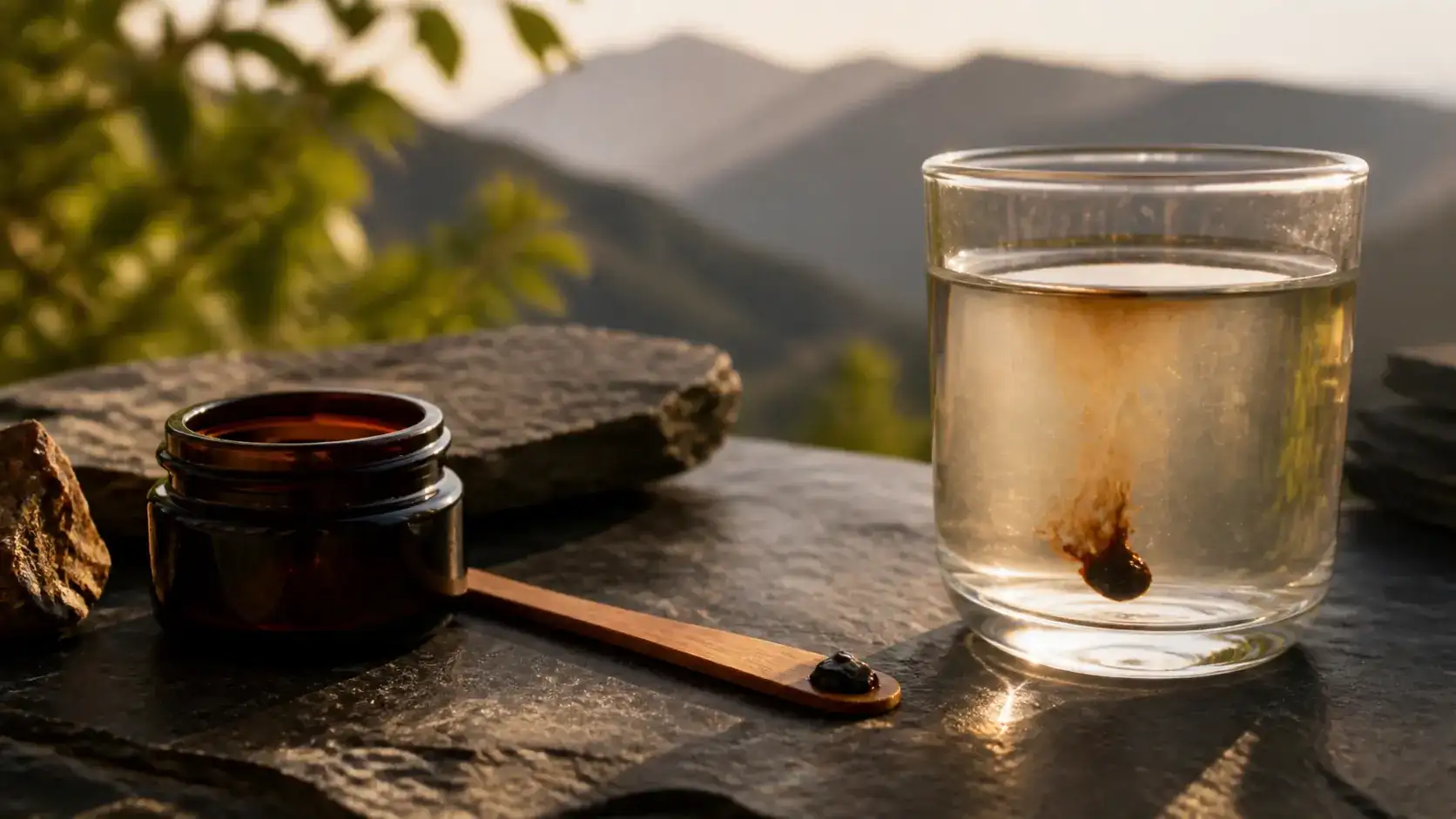 A small measured portion of dark resin beside warm water and an amber jar.