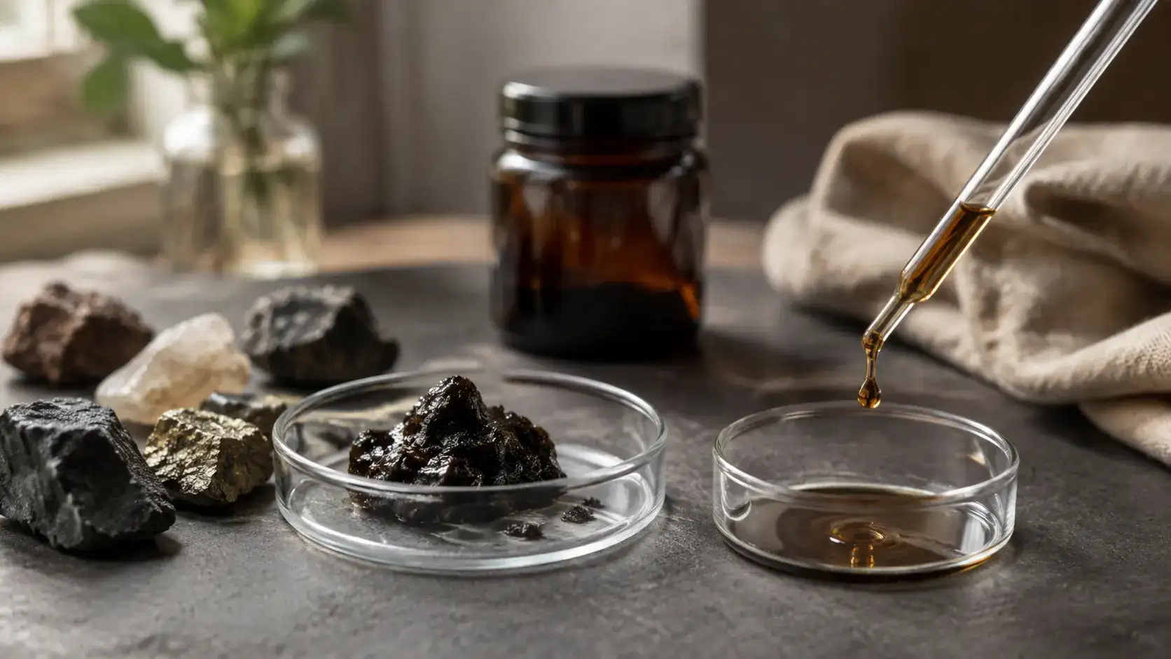A resin sample prepared in clean laboratory glassware beside dark mineral rock.