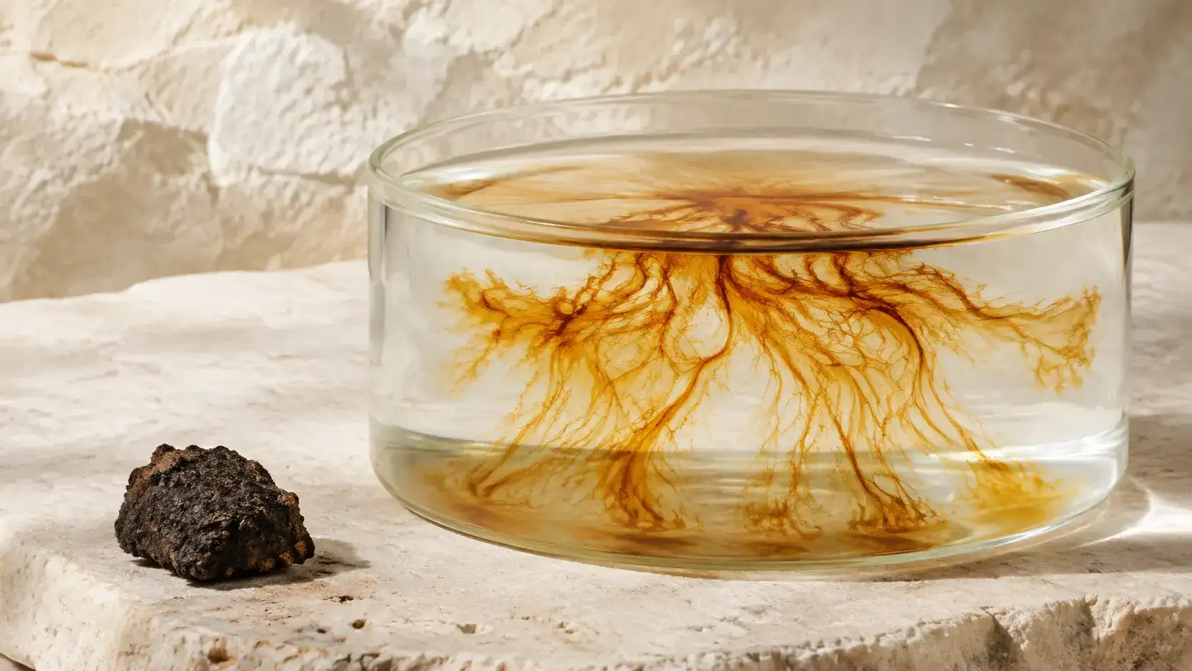 Amber-toned mineral water and fine organic sediment viewed in close detail.