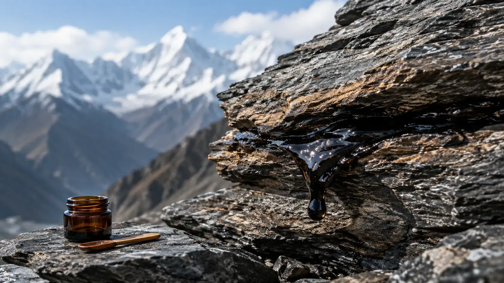 Dark shilajit resin emerging from layered Himalayan rock.